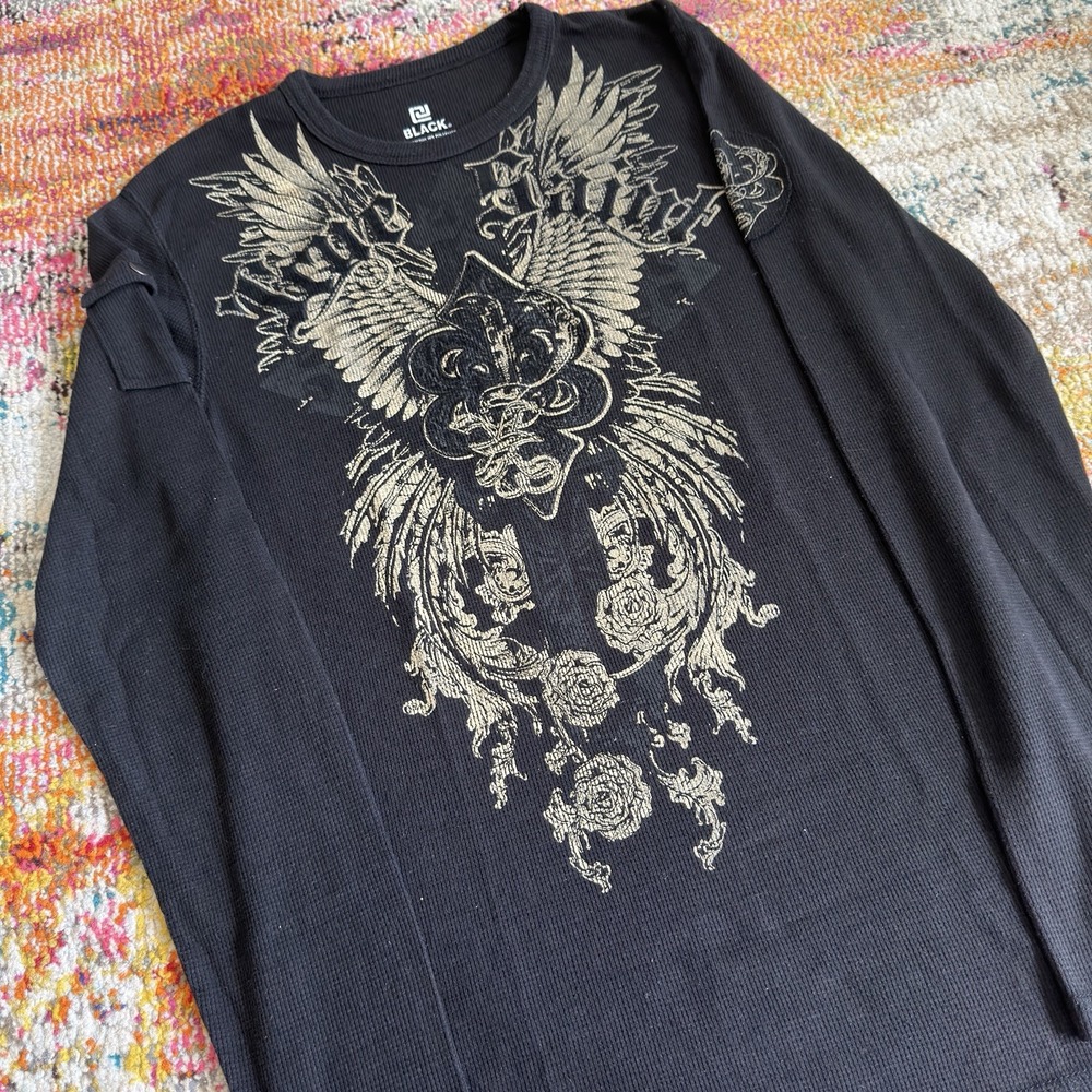 Y2K 2000s Grunge Goth Black Rivet‎ Crusade Graphic Thermal Long Sleeve Shirt XL
